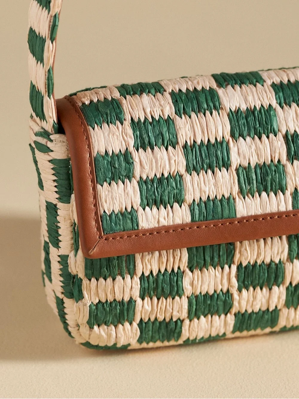 Anthropologie Fiona Shoulder Bag:
Raffia Edition in green and white check. - Picture 3 of 8